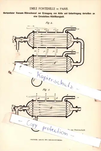 Original Patent  - EmileFontenille in Paris , 1885 ,  Horizontaler Vacuum-Röhrenkessel !!!