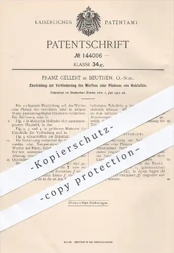 original Patent - Franz Gellert , Beuthen , 1902 , Verhinderung von Werfen o. Platzen von Holztafeln | Holz , Bretter !!