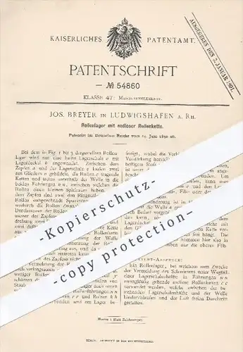 original Patent - J. Breyer , Ludwigshafen , 1890 , Rollenlager mit endloser Rollenkette | Lager , Lagerschalen , Wellen