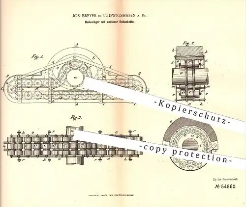 original Patent - J. Breyer , Ludwigshafen , 1890 , Rollenlager mit endloser Rollenkette | Lager , Lagerschalen , Wellen