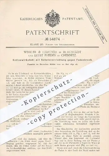 original Patent - Winkler & Gärtner in Burgstädt u. E. Frieden in Chemnitz , 1890 , Kettenwirkstuhl | Wirkstuhl !!!