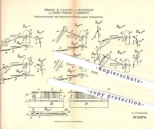 original Patent - Winkler & Gärtner in Burgstädt u. E. Frieden in Chemnitz , 1890 , Kettenwirkstuhl | Wirkstuhl !!!