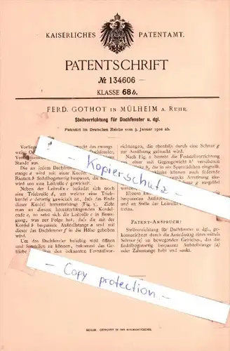 Original Patent  - Ferd. Gothot in Mülheim a. Ruhr , 1902 , Stellvorrichtung für Dachfenster !!!