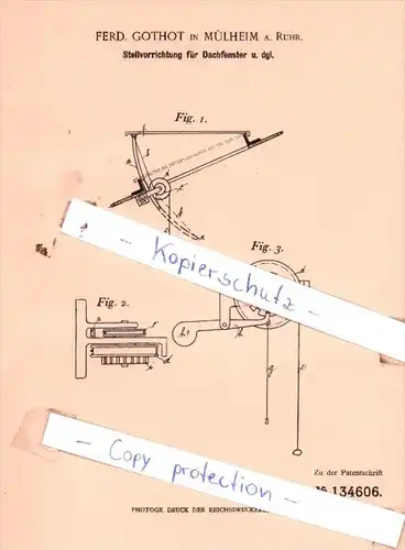 Original Patent  - Ferd. Gothot in Mülheim a. Ruhr , 1902 , Stellvorrichtung für Dachfenster !!!