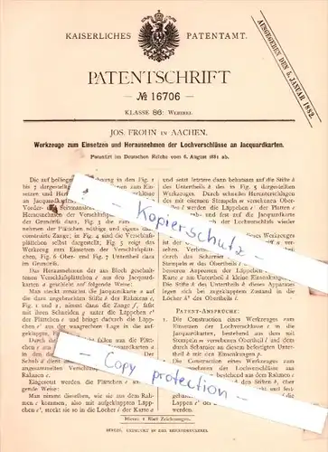 Original Patent  - Jos. Frohn in Aachen , 1881 , Weberei !!!