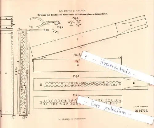 Original Patent  - Jos. Frohn in Aachen , 1881 , Weberei !!!