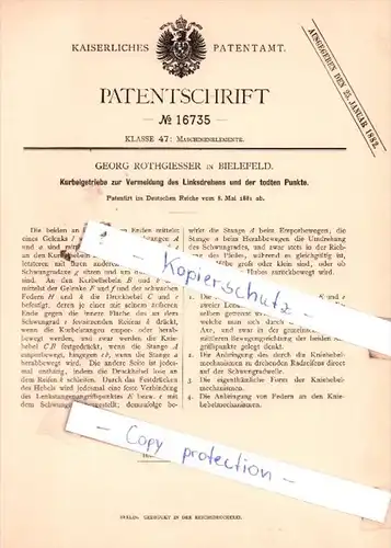 Original Patent  - Georg Rothgiesser in Bielefeld , 1881 , Maschinenelemente !!!