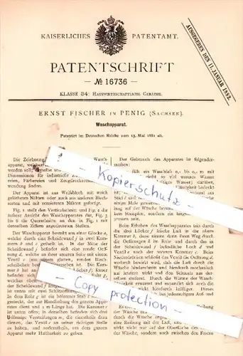 Original Patent  -  Ernst Fischer in Penig , Sachsen , 1881 , Waschapparat !!!