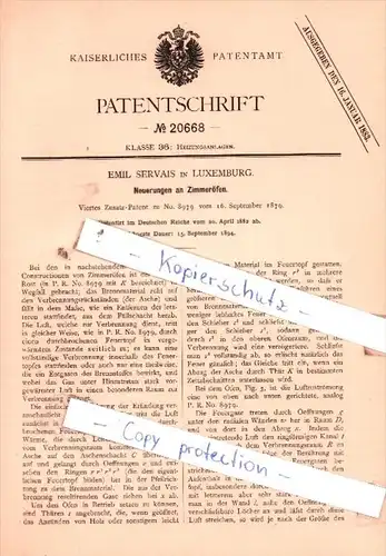 Original Patent  - Emil Servais in Luxemburg , 1882 ,  Neuerungen an Zimmeröfen !!!