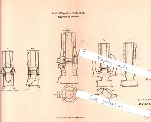 Original Patent  - Emil Servais in Luxemburg , 1882 ,  Neuerungen an Zimmeröfen !!!