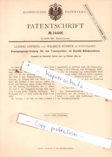 Original Patent  - Ludwig Gühring und Wilhelm Köhrer in Stuttgart , 1883 , Nähmaschinen !!!