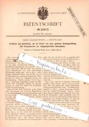 Original Patent  - Ferd. Rosskothen in Stuttgart , 1883 , Spinnerei !!!