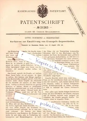 Original Patent  - Otto Hoerenz in Bernsdorf , 1882 , Emaillirung von Eisenguß-Gegenständen !!!