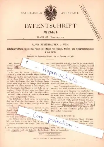 Original Patent  - Alois Steinhauser in Ulm , 1883 , Hochbauwesen !!!