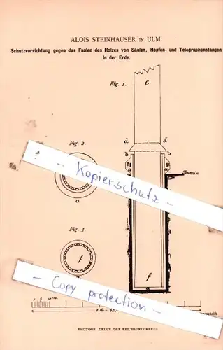 Original Patent  - Alois Steinhauser in Ulm , 1883 , Hochbauwesen !!!