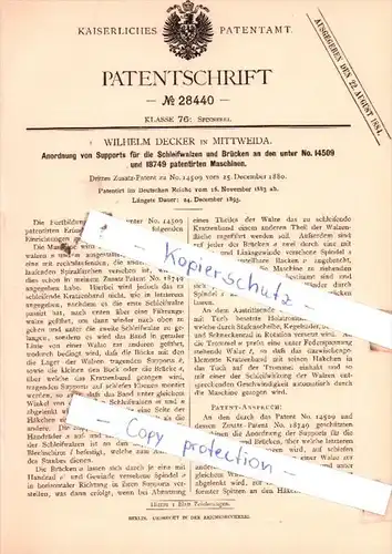 Original Patent  - Wilhelm Decker in Mittweida , 1883 , Spinnerei !!!