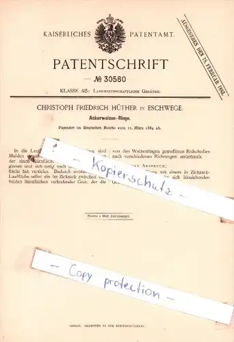 Original Patent  - Christoph Friedrich Hüther in Eschwege , 1884 , Ackerwalzen-Ringe !!!