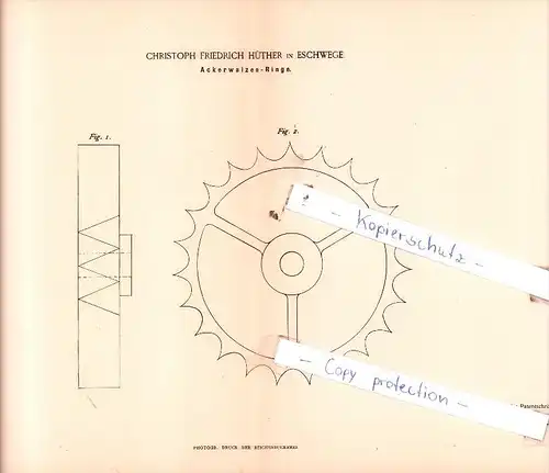 Original Patent  - Christoph Friedrich Hüther in Eschwege , 1884 , Ackerwalzen-Ringe !!!