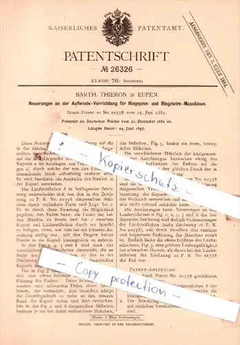 Original Patent  - Barth. Thieron in Eupen , 1882 , Spinnerei !!!