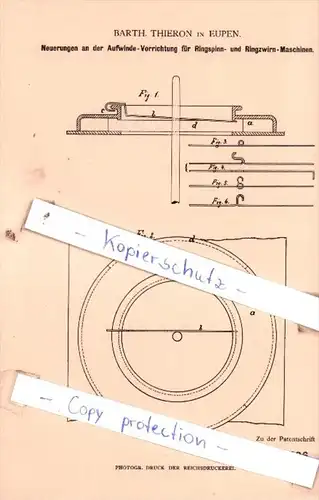 Original Patent  - Barth. Thieron in Eupen , 1882 , Spinnerei !!!