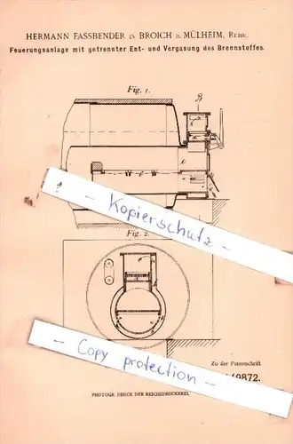 Original Patent  - Hermann Fassbender in Broich b. Mülheim, Ruhr , 1903 , Feuerungsanlage !!!