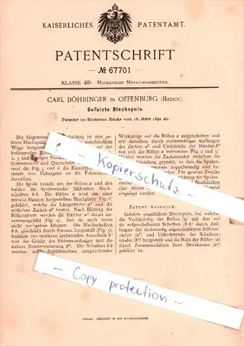 Original Patent  - Carl Böhringer in Offenburg , Baden , 1892 , Gefalzte Blechspule !!!