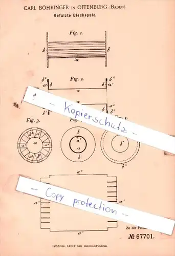 Original Patent  - Carl Böhringer in Offenburg , Baden , 1892 , Gefalzte Blechspule !!!