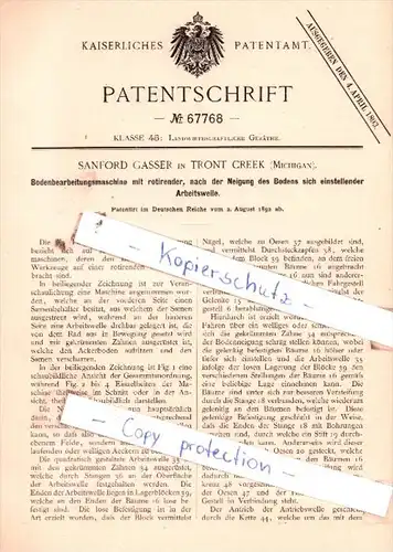 Original Patent  - Sanford Gasser in Tront Creek , Michigan , 1892 , Landwirthsch. Geräthe !!!
