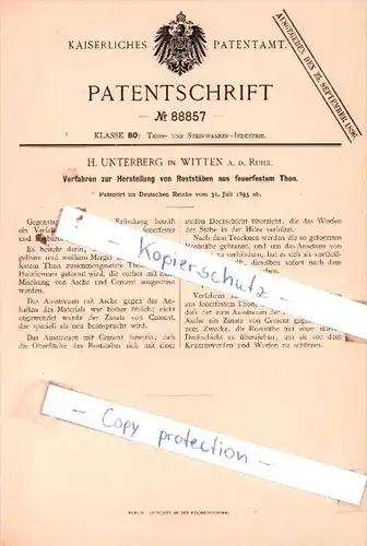 Original Patent  - H. Unterberg in Witten a. d. Ruhr , 1895 , Thon- und Steinwaaren-Industrie !!!