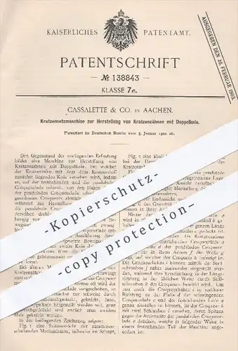 original Patent - Cassalette & Co. , Aachen , 1902 , Kratzensetzmaschine zur Herstellung von Kratzenzähnen | Kratzenzahn