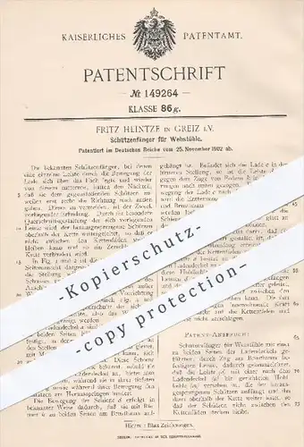 original Patent - Fritz Heintzke in Greiz , 1905 , Schützenfänger für Webstühle | Webstuhl , Weben , Weber , Weberei !