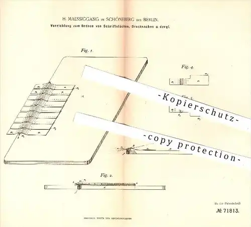 original Patent - H. Maessiggang , Berlin Schöneberg , 1893 , Ordnen von Schriftstücken , Papier | Ordner , Buchbinder !