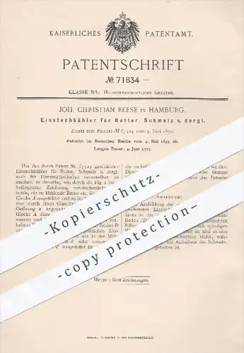 original Patent - Joh. Ch. Reese , Hamburg , 1893 , Einstechkühler für Butter , Schmalz | Kühlen , Kühlung , Haushalt !!