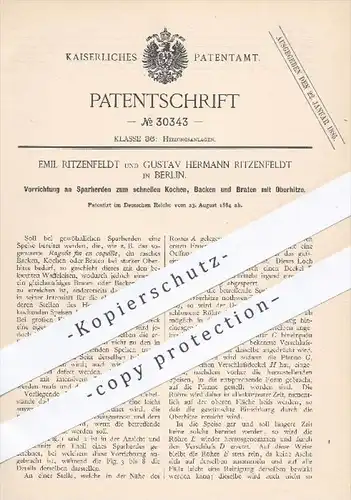 original Patent - Emil u. Gustav H. Ritzenfeldt , Berlin , 1884 , Herd zum schnellen Kochen , Backen , Braten | Kochherd