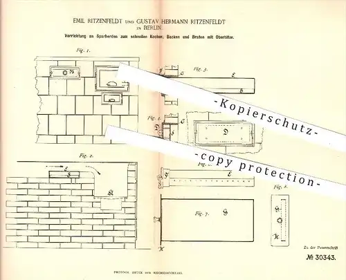 original Patent - Emil u. Gustav H. Ritzenfeldt , Berlin , 1884 , Herd zum schnellen Kochen , Backen , Braten | Kochherd