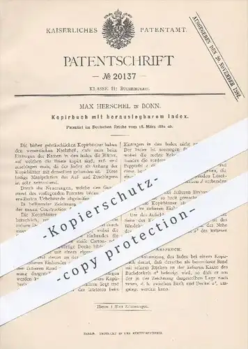 original Patent - Max Herschel in Bonn , 1882 , Kopierbuch mit herauslegbarem Index | Buch , Buchbinder , Buchbinderei !