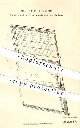 original Patent - Max Herschel in Bonn , 1882 , Kopierbuch mit herauslegbarem Index | Buch , Buchbinder , Buchbinderei !