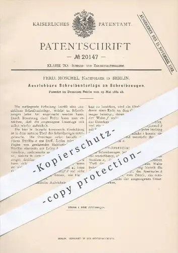 original Patent - Ferd. Moschel Nachfolger , Berlin  1882 , Ausziehbare Schreibunterlage an Schreibzeugen | Schreibtisch