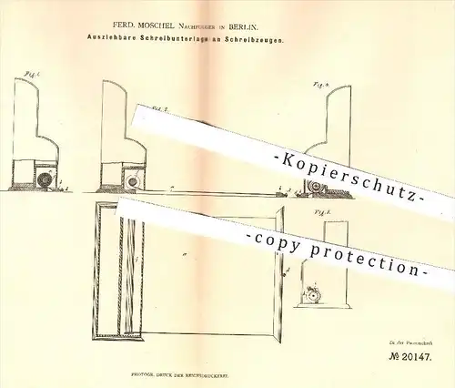 original Patent - Ferd. Moschel Nachfolger , Berlin  1882 , Ausziehbare Schreibunterlage an Schreibzeugen | Schreibtisch