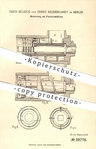 original Patent - Fritz Büldge , Ernst Hildebrandt , Berlin , 1886 , Fleischmühle | Fleischwolf , Fleisch , Fleischer !