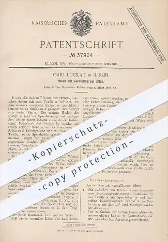 original Patent - Carl Luckat in Berlin , 1886 , Stuhl mit verstellbarem Sitz | Stühle , Möbel , Möbelbauer , Tischler !