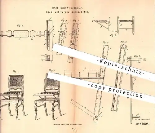 original Patent - Carl Luckat in Berlin , 1886 , Stuhl mit verstellbarem Sitz | Stühle , Möbel , Möbelbauer , Tischler !