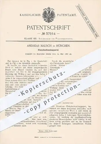 original Patent - Andreas Malsch in München , 1886 , Fleischschneidemaschine | Fleisch , Fleischer , Schlachter , Messer