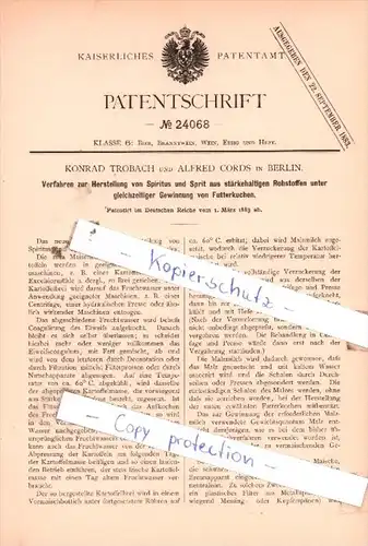 Original Patent  - K. Trobach und A. Cords in Berlin , 1883 , Herstellung von Spiritus !!!