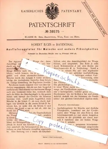 Original Patent  - Robert Ilges in Bayenthal , 1886 , Ausflußregulator für Maische !!!