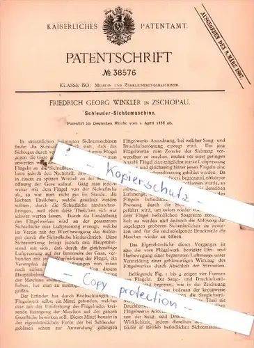 Original Patent  - Friedrich Georg Winkler in Zschopau , 1886 , Schleuder-Sichtemaschine !!!