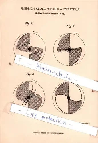 Original Patent  - Friedrich Georg Winkler in Zschopau , 1886 , Schleuder-Sichtemaschine !!!