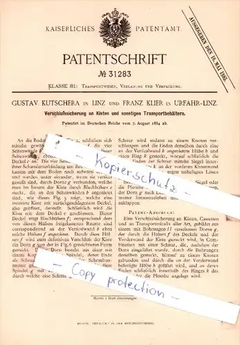 Original Patent  - Gustav Kutschera in Linz und Franz Klier in Urfahr-Linz , 1884 , !!!