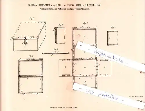 Original Patent  - Gustav Kutschera in Linz und Franz Klier in Urfahr-Linz , 1884 , !!!