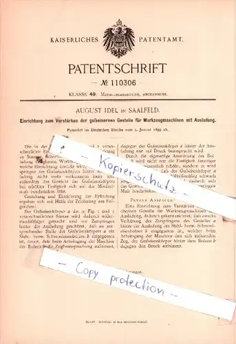 Original Patent  -  August Idel in Saalfeld , 1899 , Metallbearbeitung, Mechanische !!!